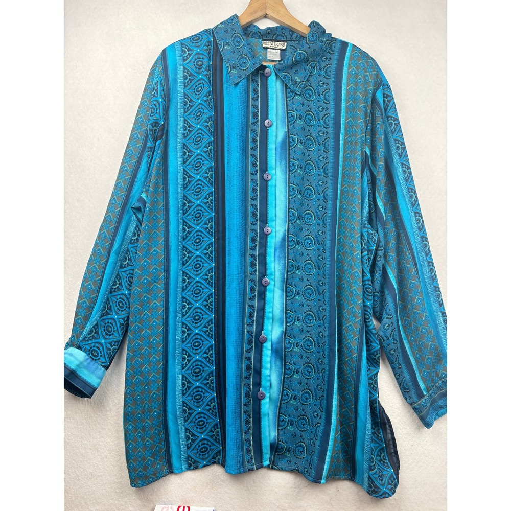 Notations Button Front Shirt Womens 3X Paisley Stripe Long Sleeve Boho Eclectic